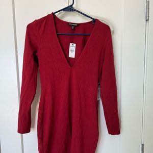 Express Dark Red Stretch Midi V Neck Dress XS NWT